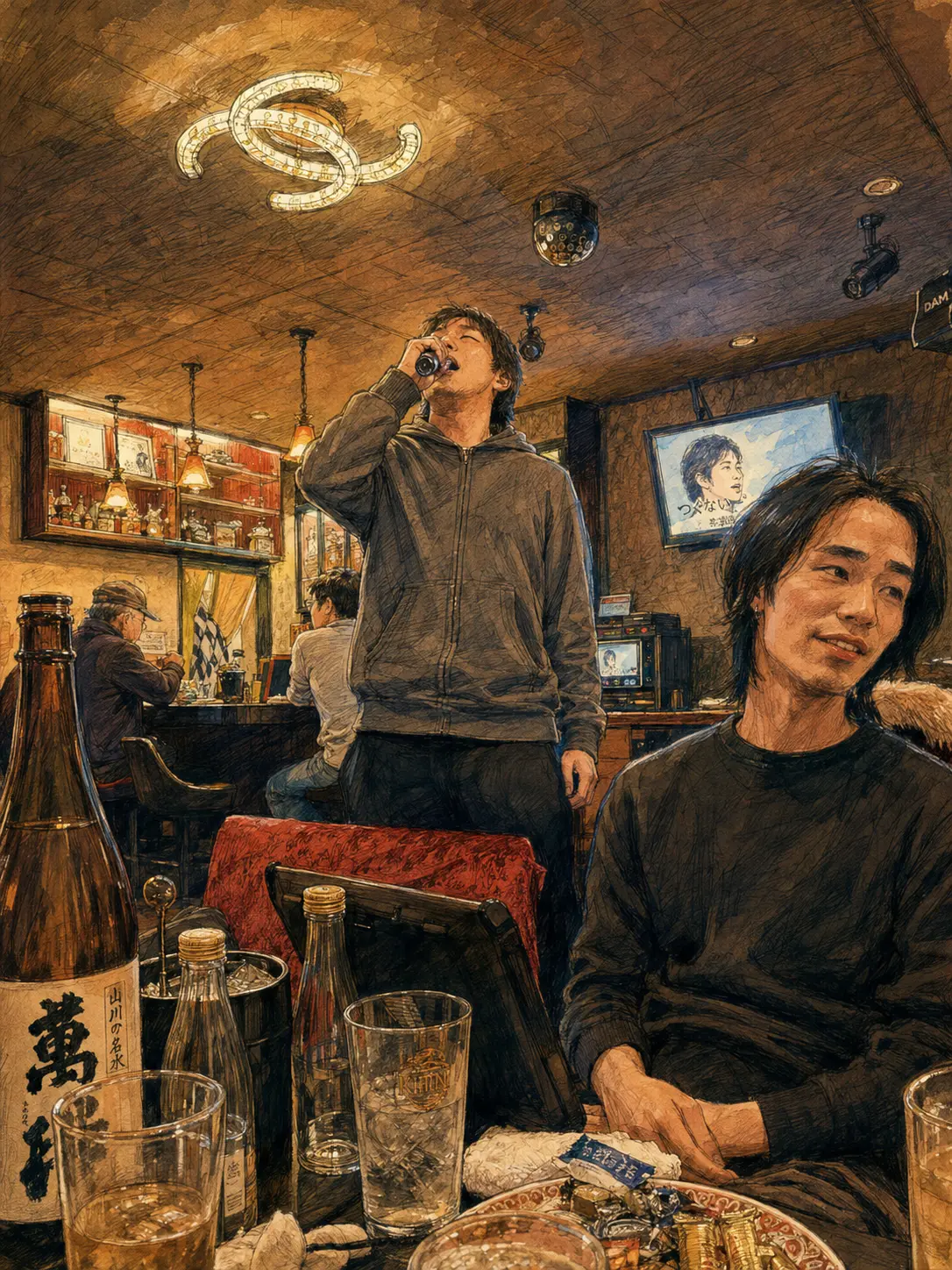 ボックス席で歌と会話を楽しむ夜