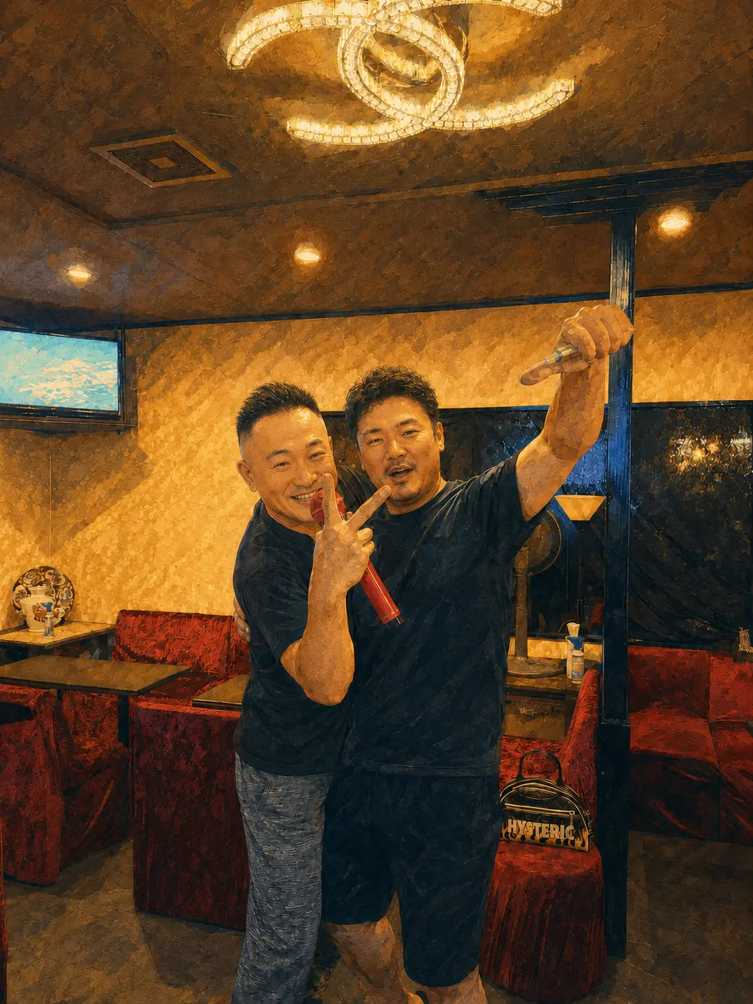 肩を組んでカラオケを楽しむ二人